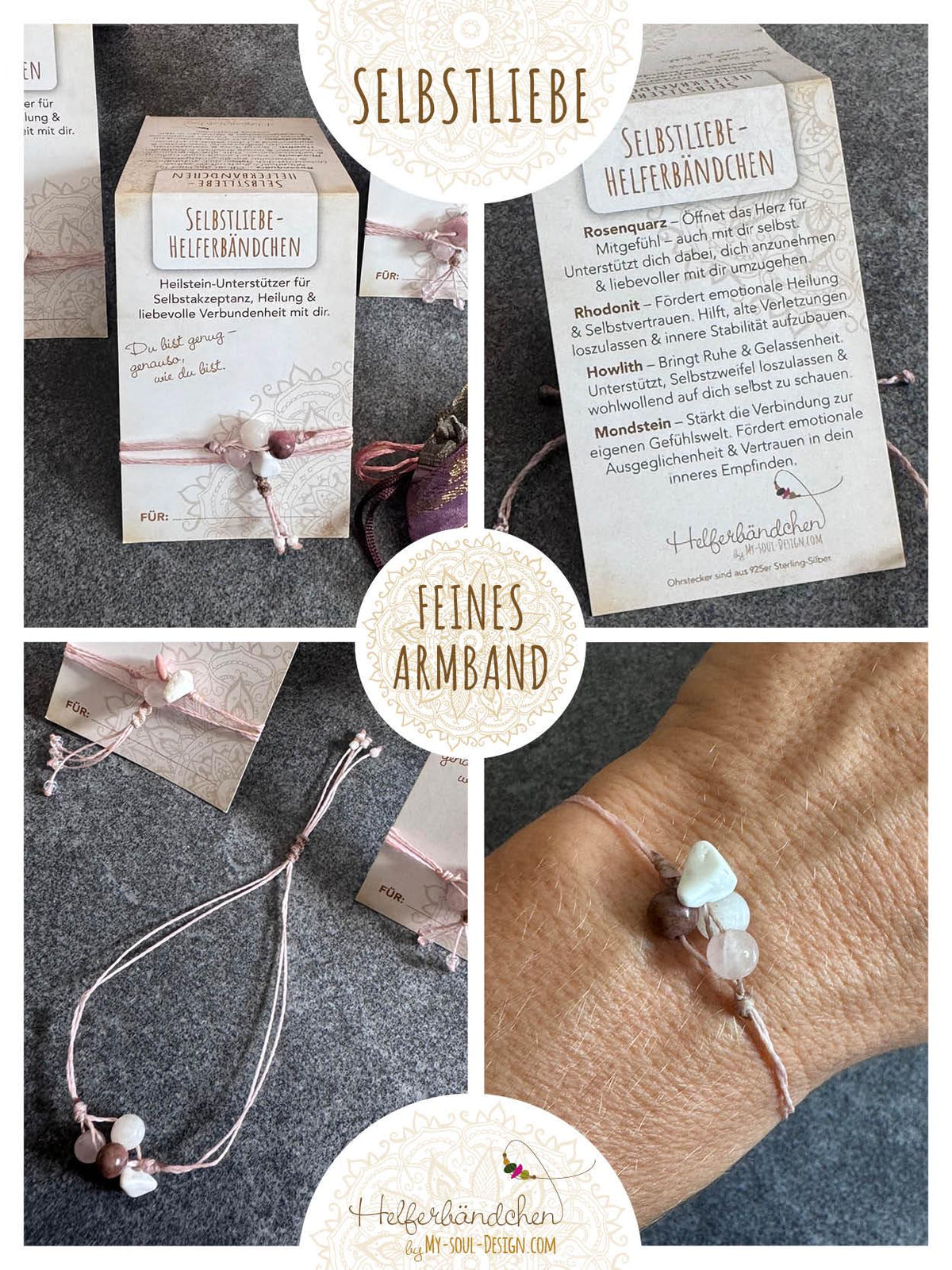 Helferbändchen® Selbstliebe – Edelsteinschmuck mit Rosenquarz, Rhodonit, Howlith und Mondstein