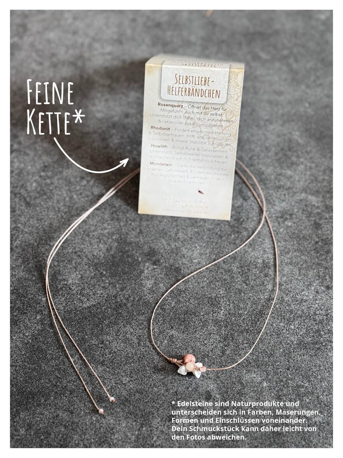 Helferbändchen® Selbstliebe – Edelsteinschmuck mit Rosenquarz, Rhodonit, Howlith und Mondstein