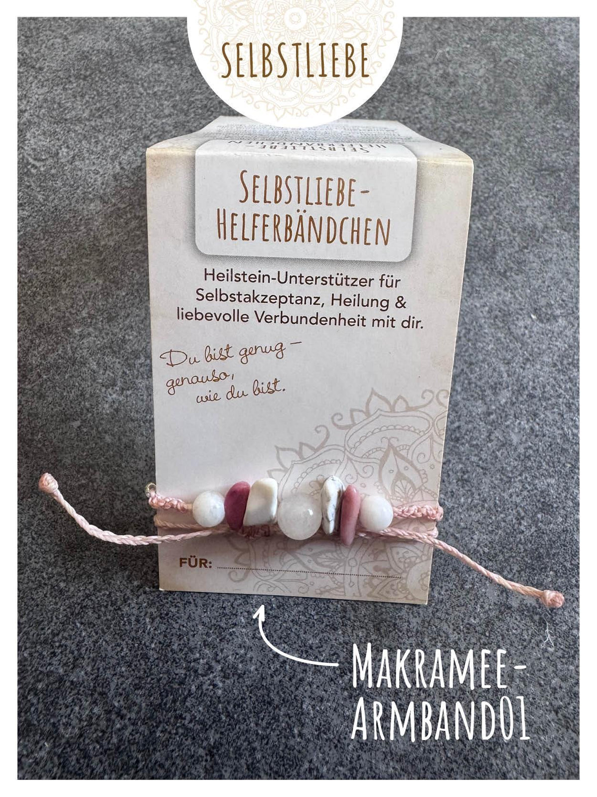 Helferbändchen® Selbstliebe – Edelsteinschmuck mit Rosenquarz, Rhodonit, Howlith und Mondstein