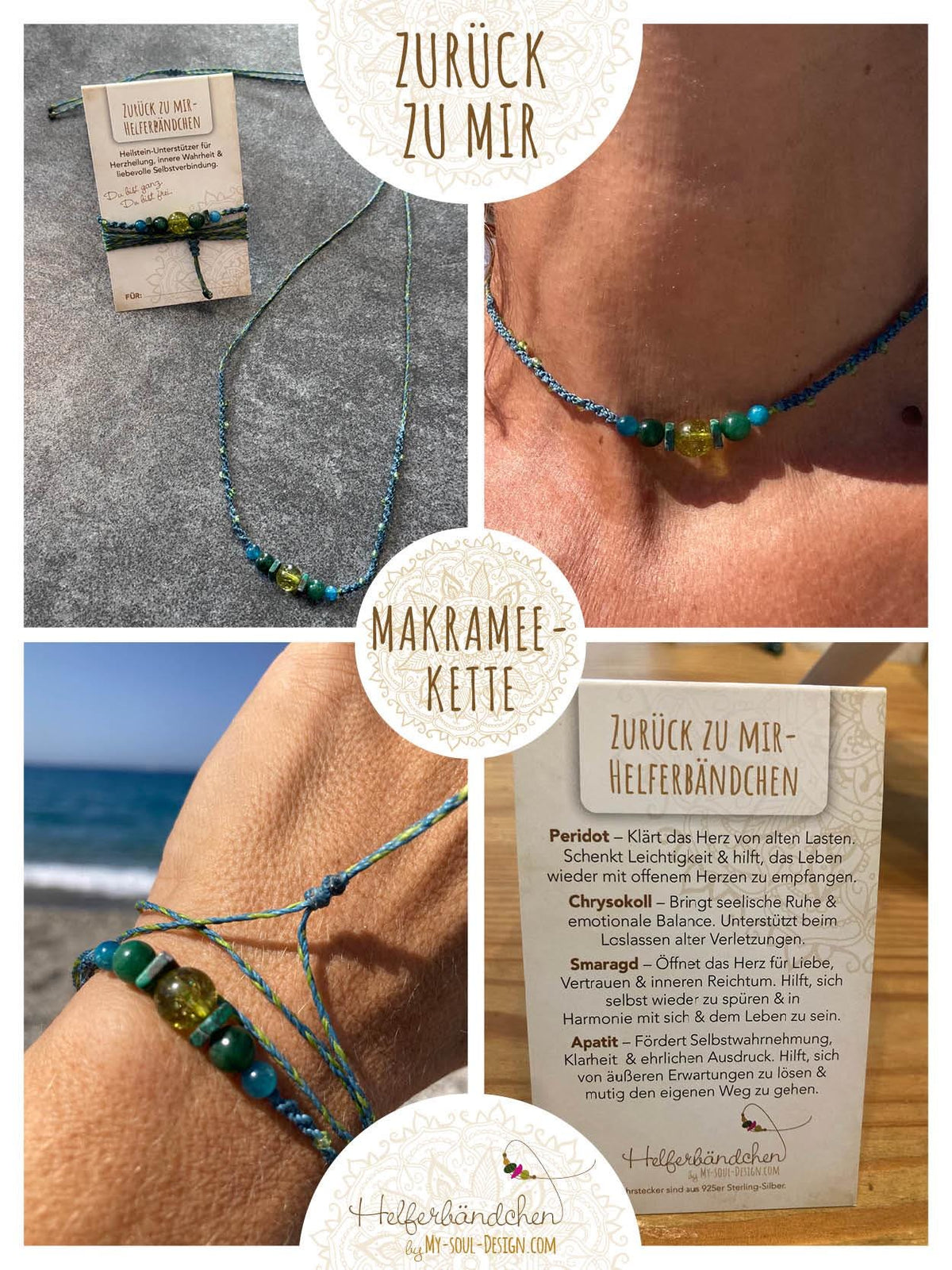 Helferbändchen® Zurück zu mir – Edelsteinschmuck mit Peridot, Chrysokoll, Smaragd und Apatit