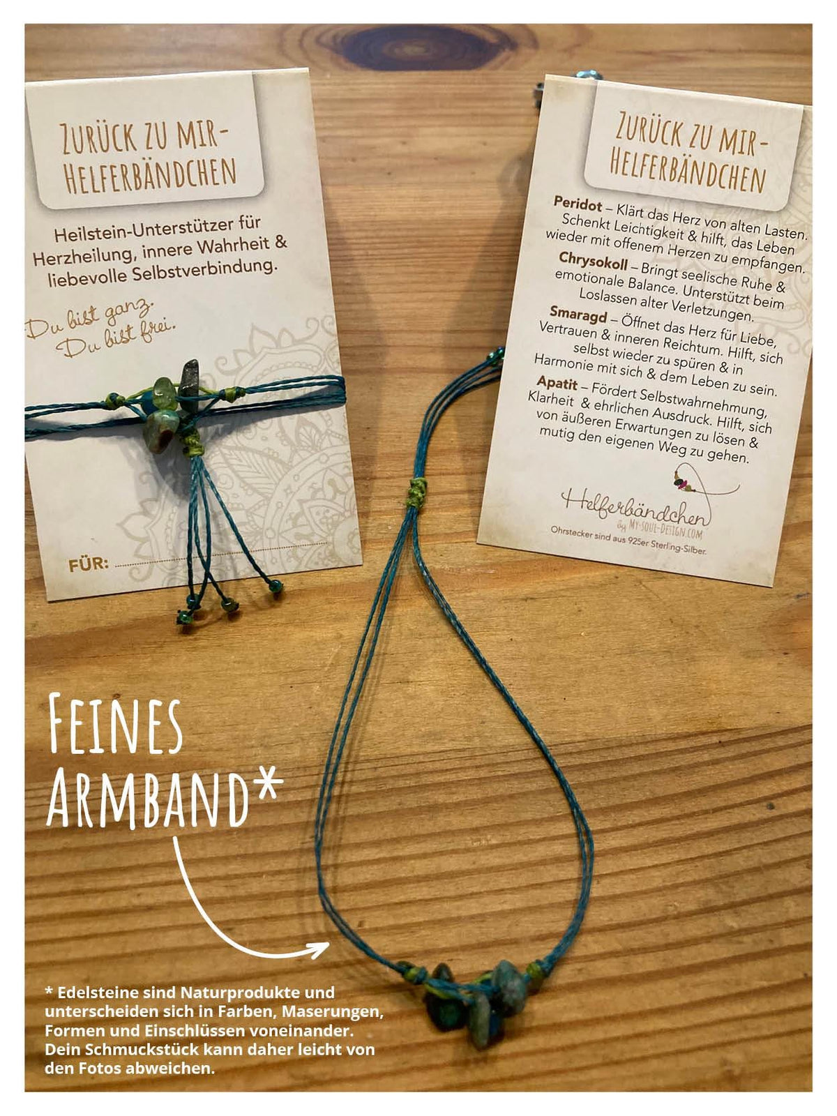 Helferbändchen® Zurück zu mir – Edelsteinschmuck mit Peridot, Chrysokoll, Smaragd und Apatit