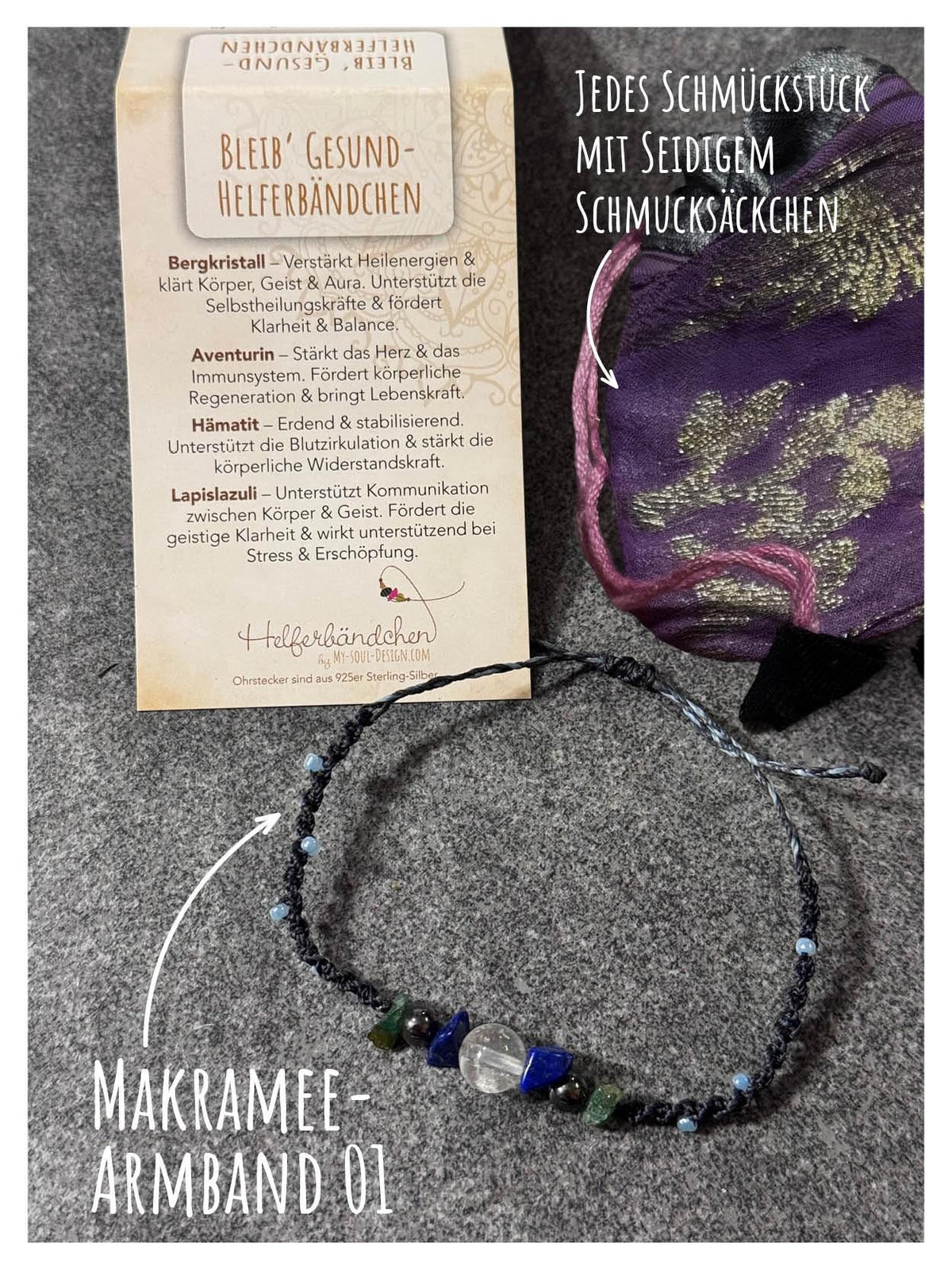 Helferbändchen® Genesungswünsche – Edelsteinschmuck mit Bergkristall, Aventurin, Hämatit und Lapislazuli