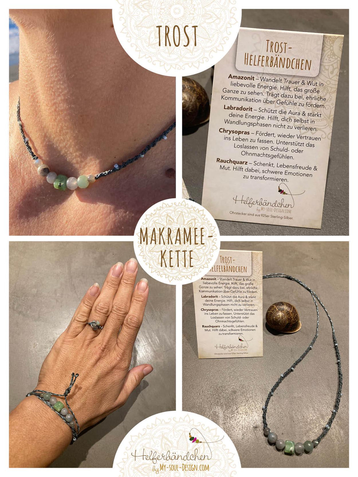 Helferbändchen® Trost – Edelsteinschmuck mit Amazonit, Labradorit, Chrysopras und Rauchquarz