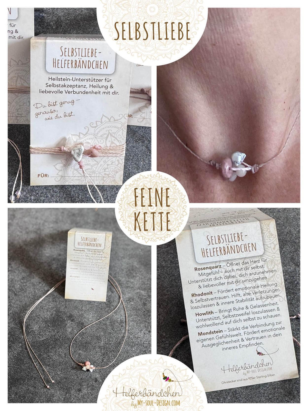 Helferbändchen® Selbstliebe – Edelsteinschmuck mit Rosenquarz, Rhodonit, Howlith und Mondstein