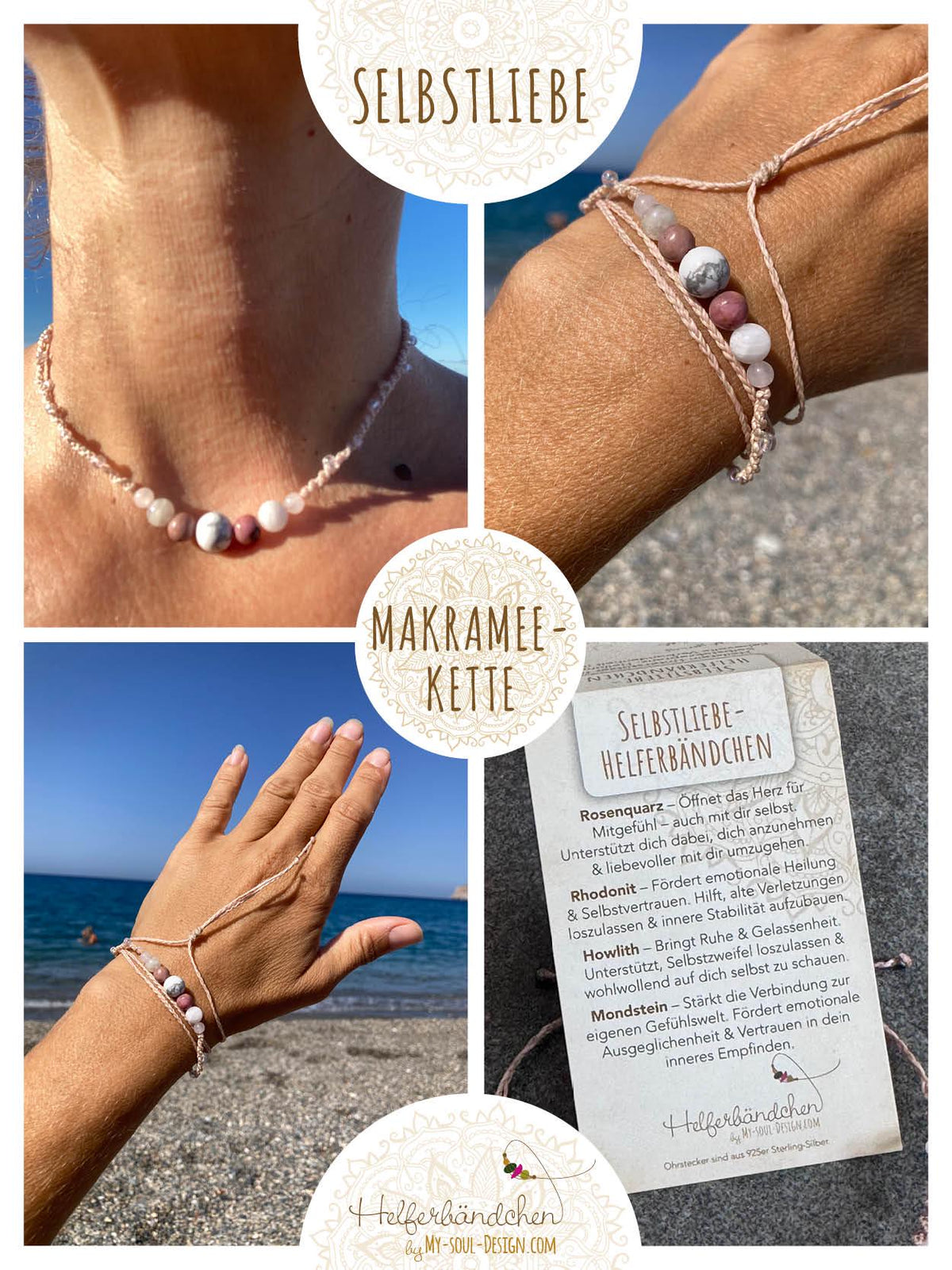 Helferbändchen® Selbstliebe – Edelsteinschmuck mit Rosenquarz, Rhodonit, Howlith und Mondstein