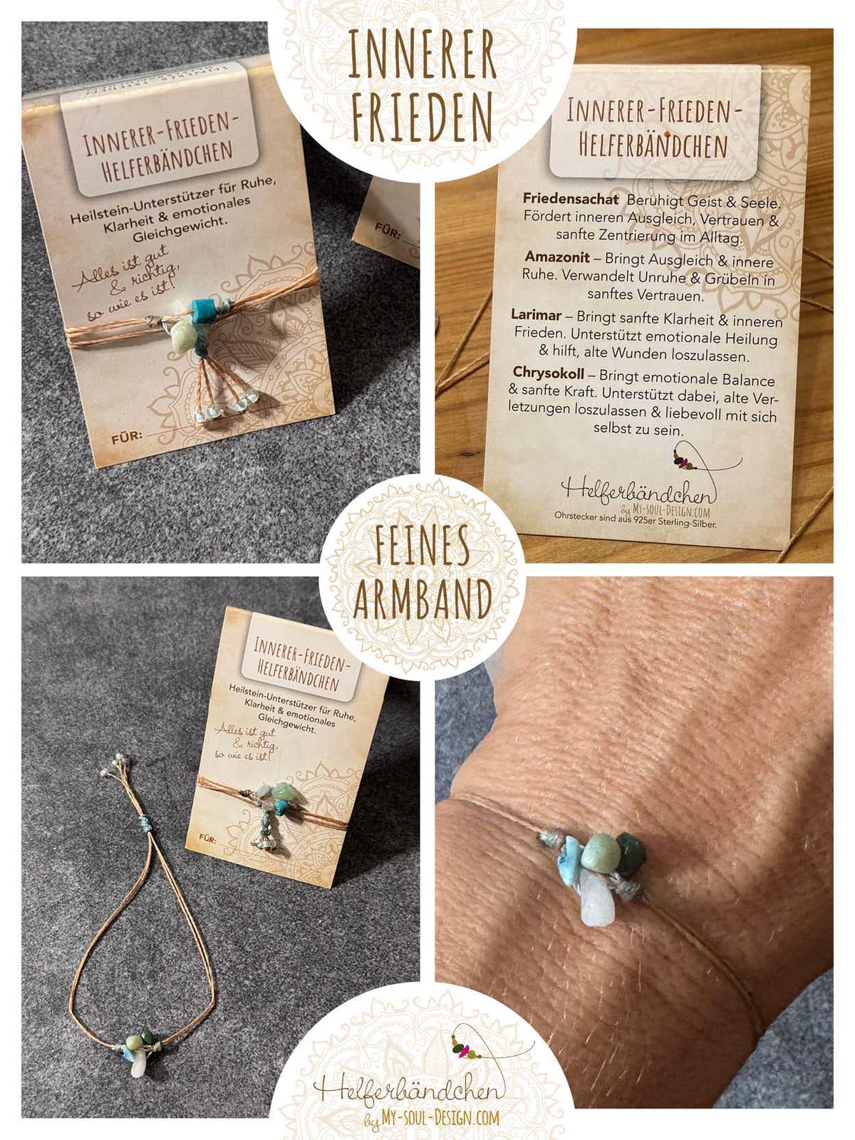 Helferbändchen® Innerer Frieden – Edelsteinschmuck mit Friedensachat, Amazonit, Larimar und Chrysokoll