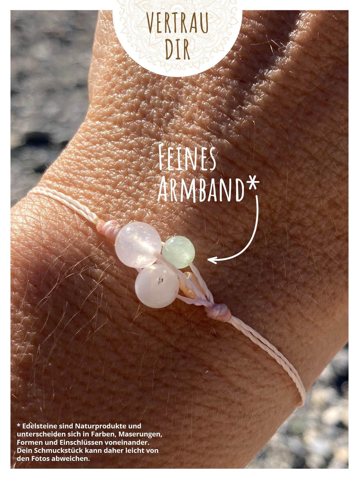 Helferbändchen® Vertrau Dir – Edelsteinschmuck mit Aventurin, Rosenquarz, Regenbogenmondstein und Süßwasserperle