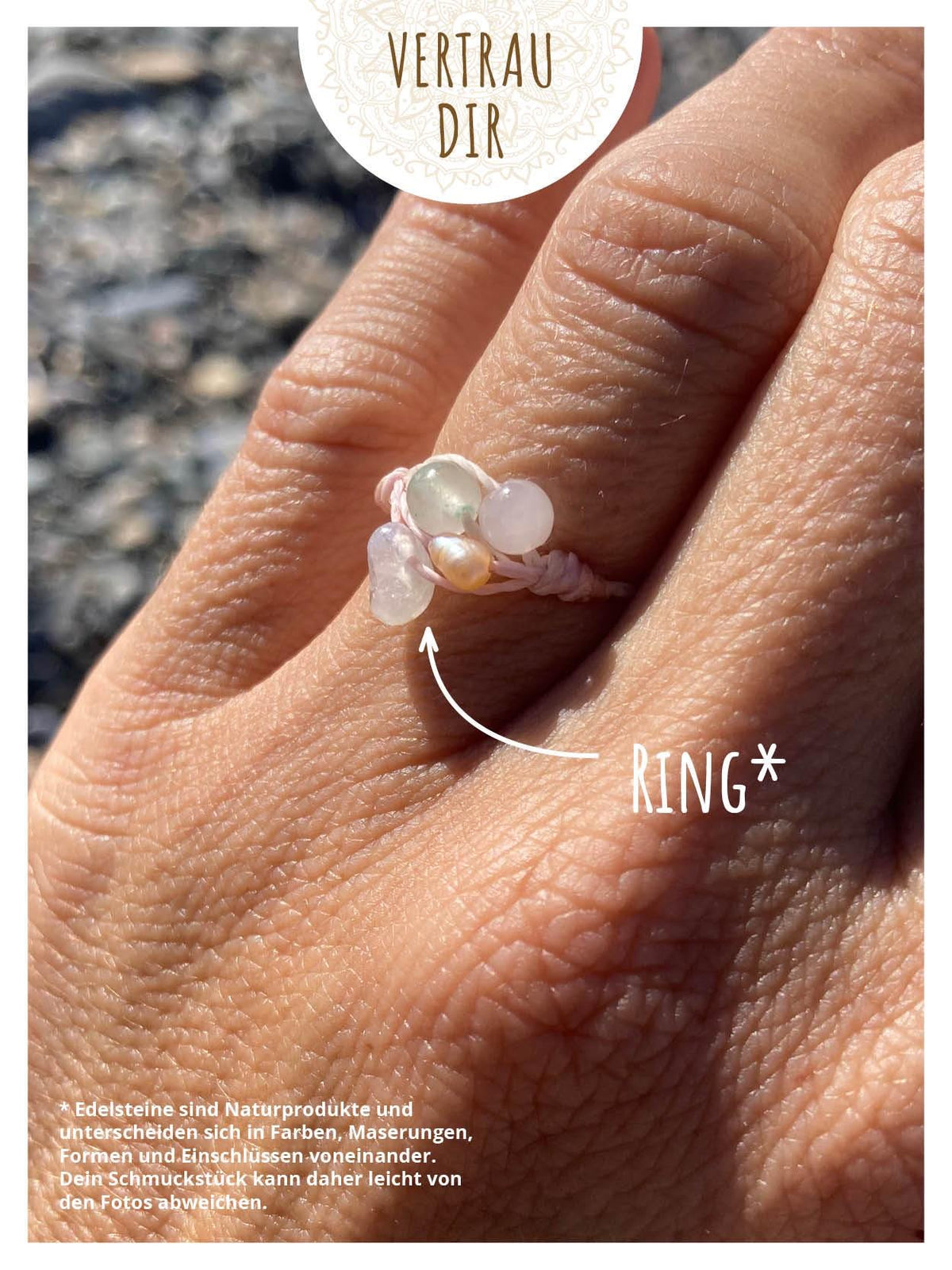 Helferbändchen® Vertrau Dir – Edelsteinschmuck mit Aventurin, Rosenquarz, Regenbogenmondstein und Süßwasserperle