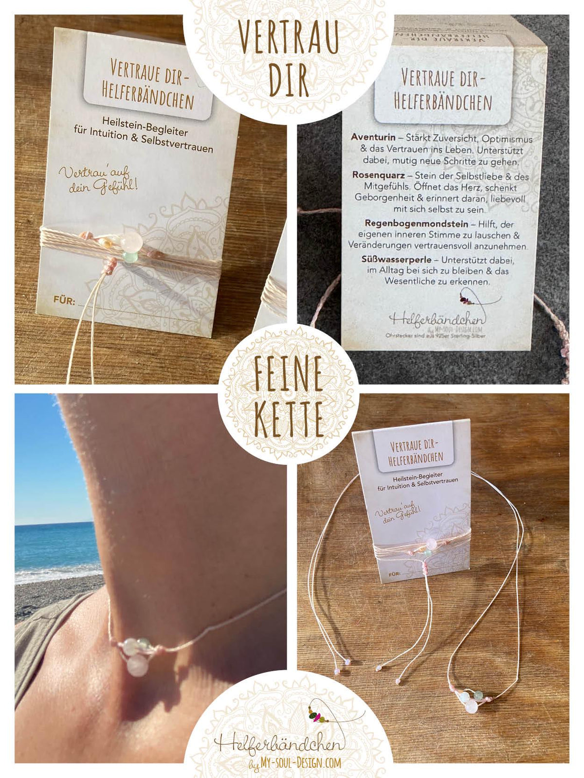 Helferbändchen® Vertrau Dir – Edelsteinschmuck mit Aventurin, Rosenquarz, Regenbogenmondstein und Süßwasserperle