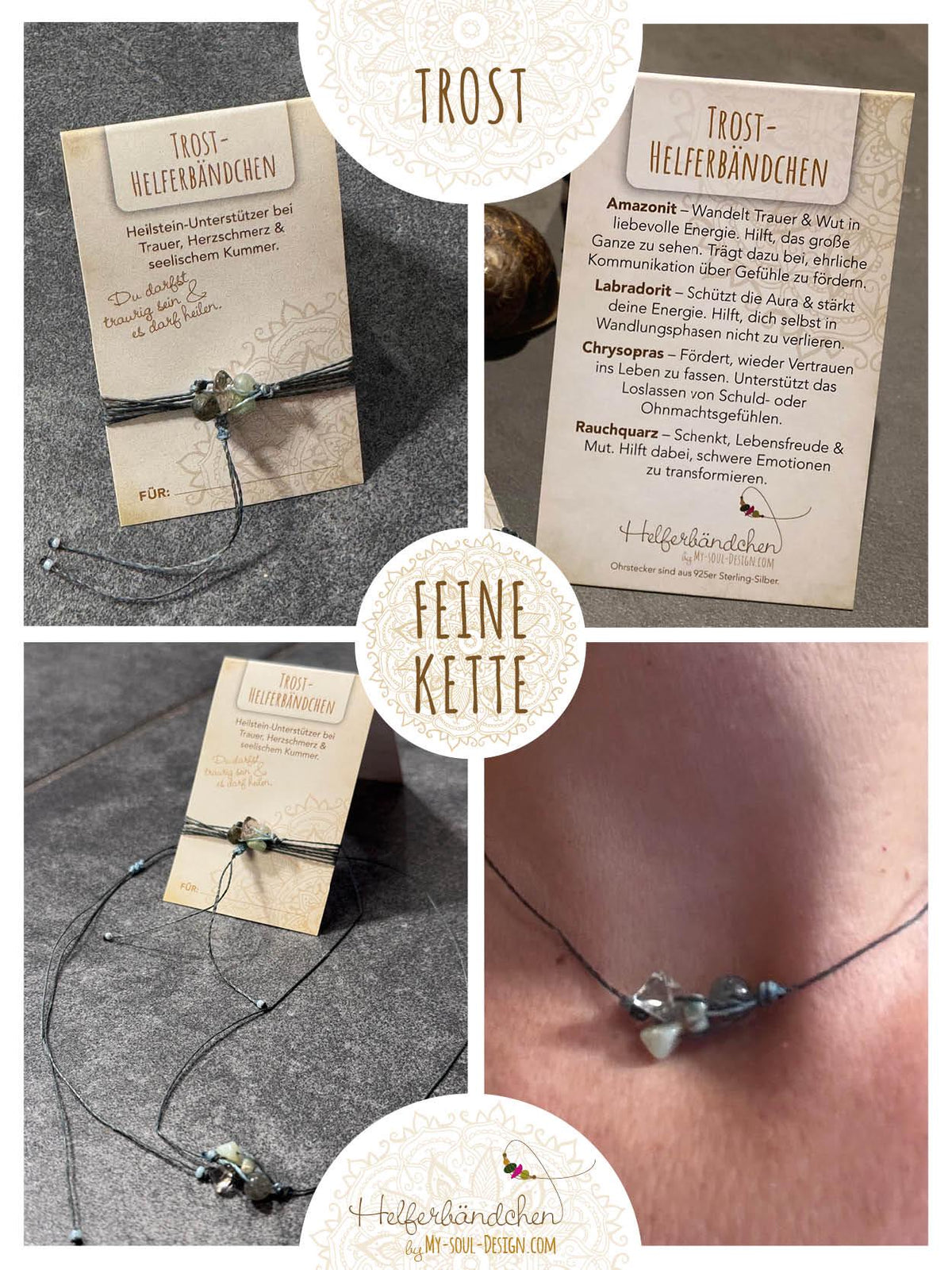 Helferbändchen® Trost – Edelsteinschmuck mit Amazonit, Labradorit, Chrysopras und Rauchquarz
