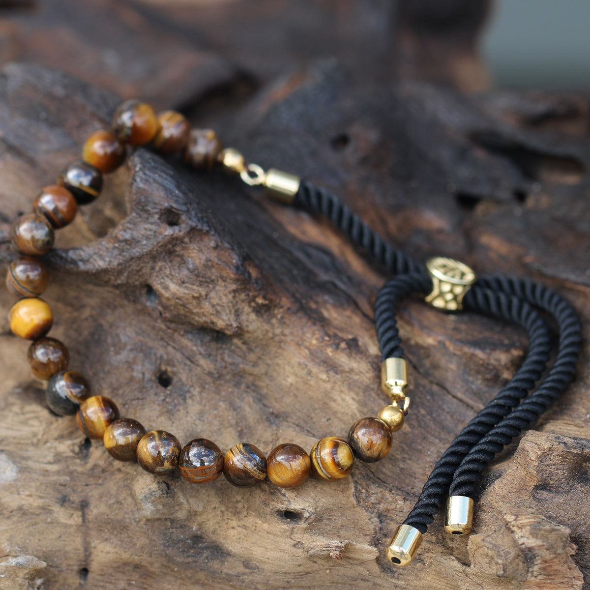 Armband – Edelstein Schnur vergoldet schwarz – Tigerauge