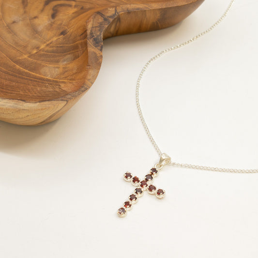 Anhänger – Devotional versilbert Kette – Granat-Kreuz
