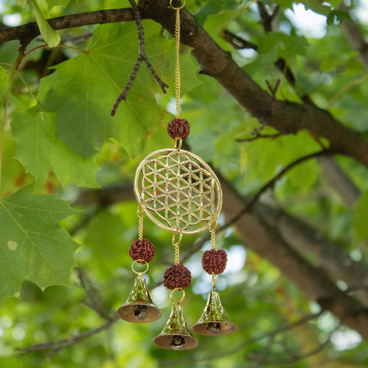 Glockenspiel – Messing Blume des Lebens mit Rudraksha – 3 Glocken