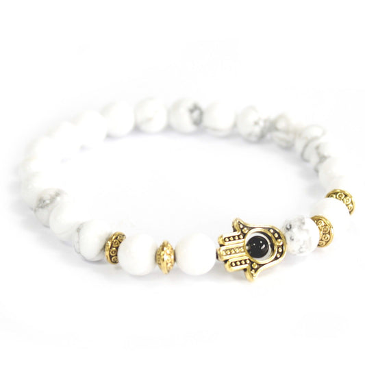 Armband – Boho Gold-Hamsa weißer Stein