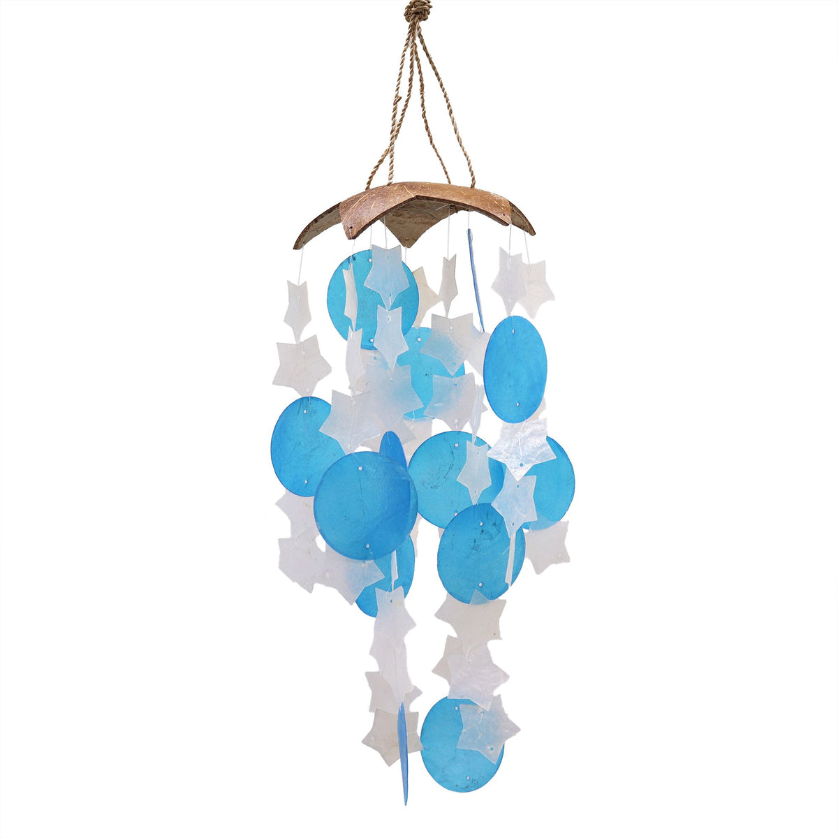 Windspiel Kokos & Capiz – Sterne Blau/Weiß – 30 cm
