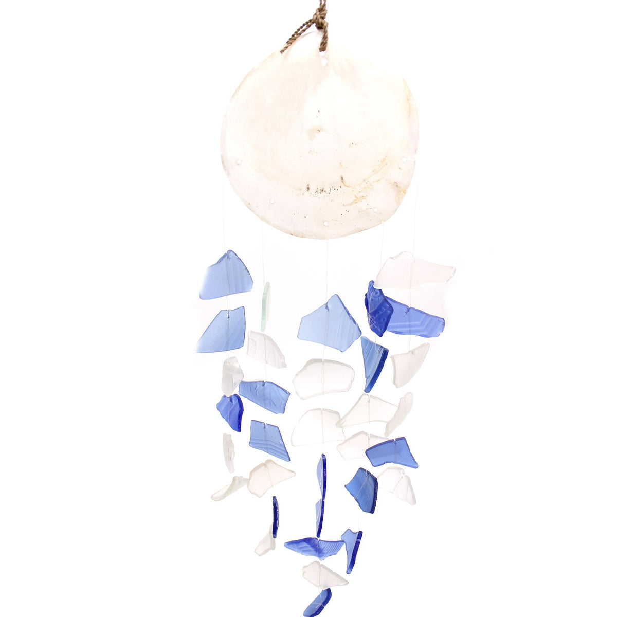 Windspiel aus Recyclingglas & Capiz – Blau/Weiß