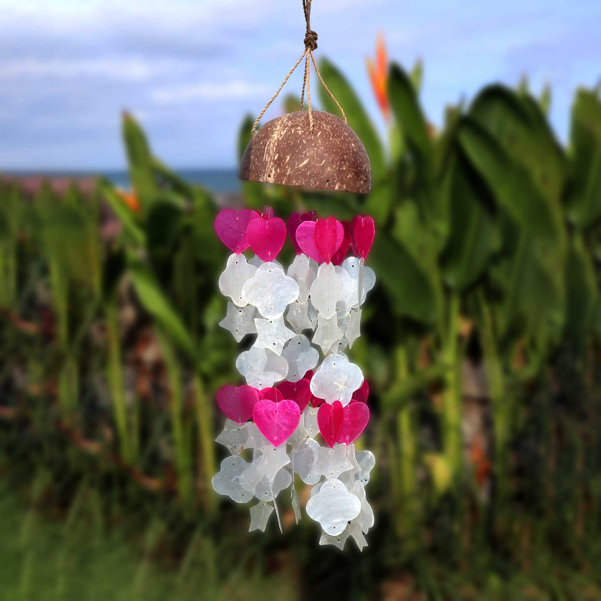 Windspiel Kokos & Capiz – Rosa/Weiß – 35 cm