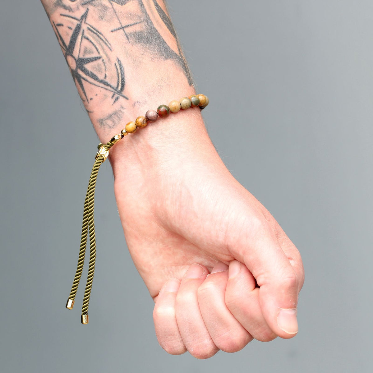Armband – Edelstein Schnur vergoldet moosgrün – Picasso-Jaspis