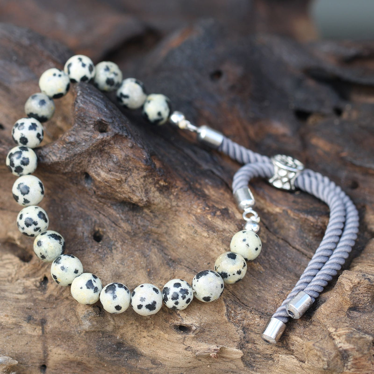 Armband – Edelstein Schnur versilbert anthrazit – Dalmatiner-Jaspis